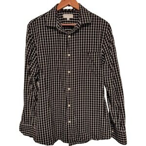 John W. Nordstrom Button Down Shirt L Black White Cotton Silk Plaid Long Sleeve